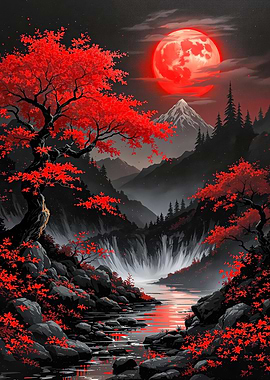 Red Moon Mountain Landscape