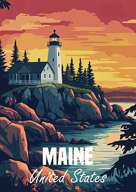 Maine Lighthouse Sunset Poster