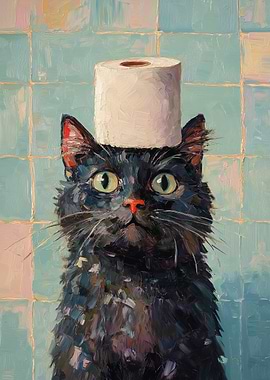 Black Cat with Toilet Paper Hat