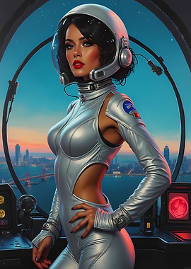 Retro Futuristic Female Astronaut in Space Suit