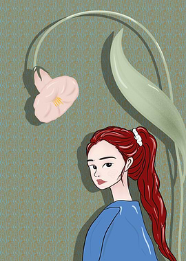 Red-Haired Girl with Elegant Floral Backdrop