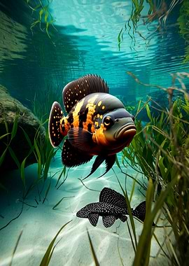 Oscar Cichlid Plecostomus Pleco Aquarium Fish Art
