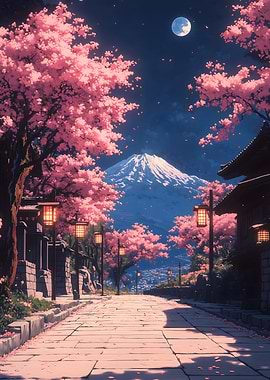 Cherry Blossom Street at Night Japanese Landscape