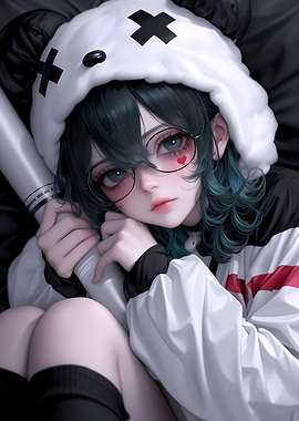 Anime Girl with Panda Hat Gaming