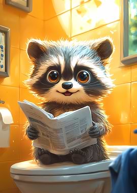 Cute Raccoon Reading Newspaper Toilet Funny
