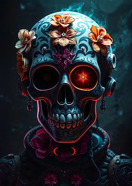 Cyber Sugar Skull with Flowers | Day of the Dead Meets Sci-Fi | Futuristic Día de Muertos Design