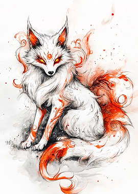 White Fox with Orange Flames