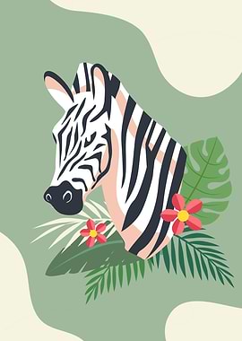 Zebra with Tropical Leaves, Zebra Art Print | Jungle Wall Art | Modern Boho Artwork | Zebra Poster | Zebra Stripes Illustration | Jungle Safari Art | Printable Wall Art