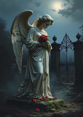 Angel Statue with Red Roses In Graveyard