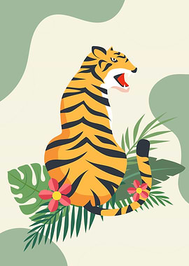 Tiger with Tropical Leaves, tiger posters | tiger painting | retro wall art | vintage tiger art print | tiger on sofa | whimsical decor | bedroom print