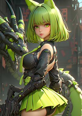 Green-Haired Anime Girl with Dragon Gaming