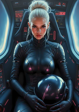 Intergalactic Female Cyberpunk Pilot In Cockpit