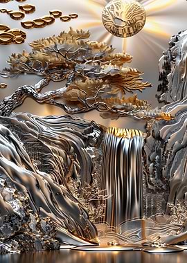 Metallic Waterfall Landscape