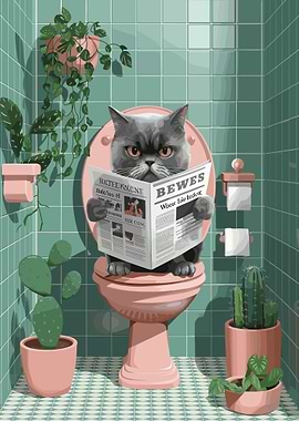 Cat Reading Newspaper on Toilet