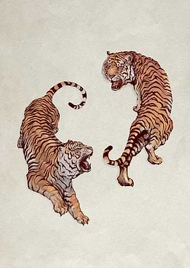 Tiger Poster, 70s Poster, Affirmation Poster, Aesthetic Art, Red Wall Art, Trendy Art Prints, Vintage Poster, Psychedelic Art, Retro PosterTwo Tigers Illustration