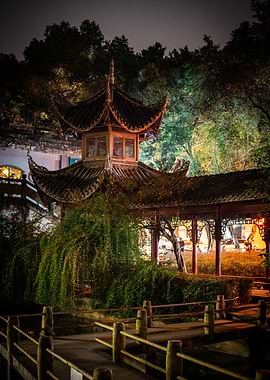 Chinese Garden Pavilion at Night