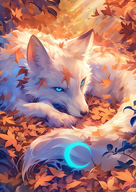 White Fox in Autumn Leaves