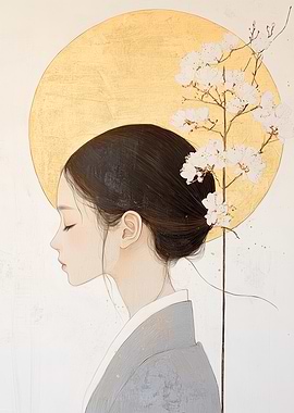 Japanese Woman with Flowers and Golden Sun
