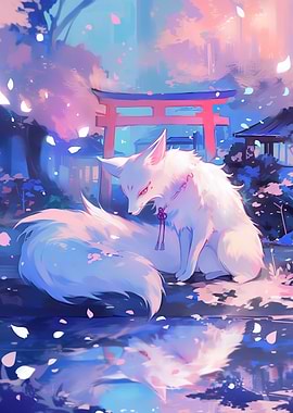 White Fox in Japanese Garden