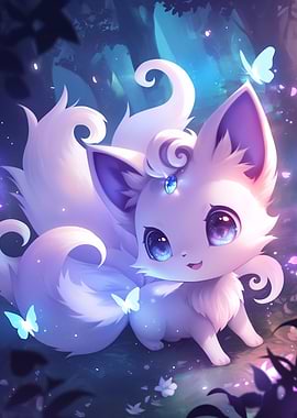 Cute White Fox with Butterflies