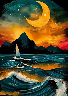 Abstract Sailboat Under Crescent Moon