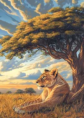 A lioness resting beneath a tree her eyes scanning Art