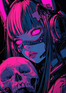 Cyberpunk Anime Girl with Skull