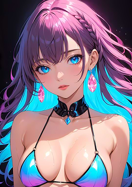 Sexy Anime Girl with Blue Purple Hair