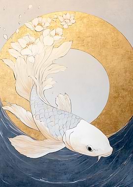 Koi Fish with Golden Moon