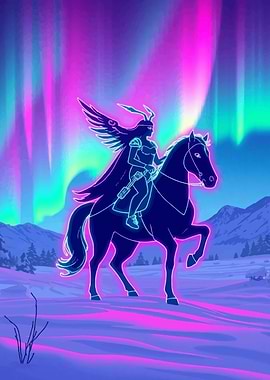 Neon Valkyrie Warrior on Horseback