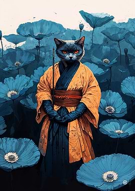Cat Samurai in Poppy Field