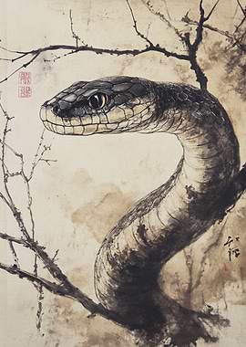 Chinese, ink painting, snake