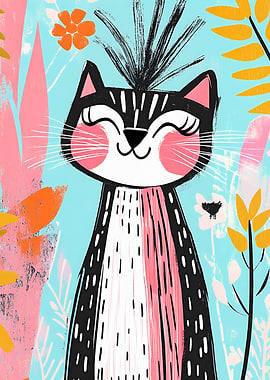 Smiling Cat Illustration Wall Art for Cat Mom