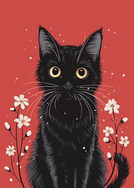 Black Cat with Flowers