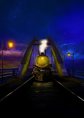 Steam Train Bridge Night