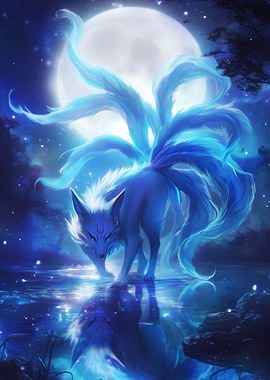 Nine-Tailed Fox Under Moonlight