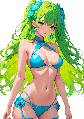 Green Haired Anime Girl in Blue Bikini