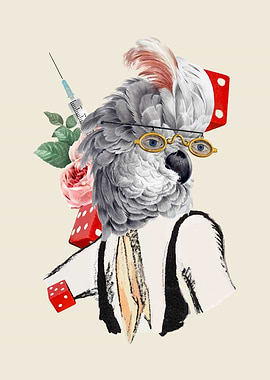 Vintage Parrot Art - Quirky Cockatoo Collage with Dice, Roses, and Syringe, Cockatoo in Glasses and Hat