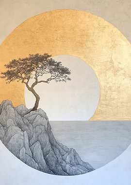 Lone Pine Tree and Golden Zen Sun