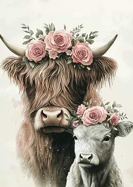 Highland Cow and Calf with Flowers