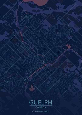 Guelph Ontario Canada Blue and Purple City Map