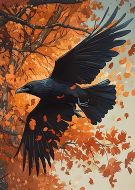 A raven flies overhead leaving a trail of shimmering