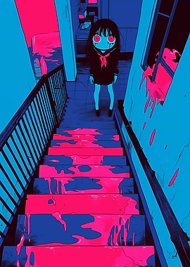 Anime Girl on Bloody Stairs