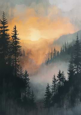 Misty Forest Sunset