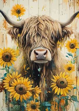 Highland Cow with Sunflowers