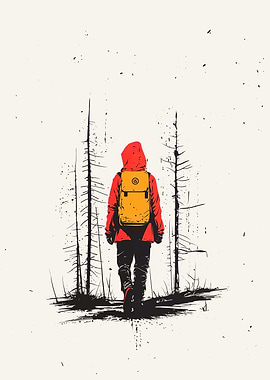 Lone hiker in a burnt forest