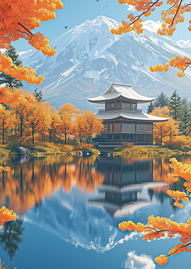 Japanese Temple by Mountain