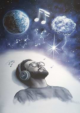 Man Listening to Music in Space