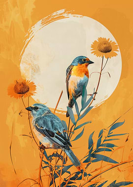 Birds on Branch with Sun