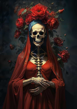 Santa Muerte with Red Roses